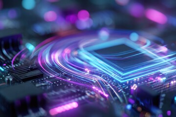 An abstract illustration of digital circuits with glowing neon lines over a microchip