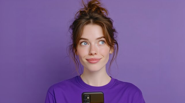 Young Caucasian woman with brown hair in a bun, wearing a purple shirt, holding a smartphone against a purple background. She has a thoughtful expression.