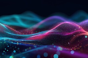 Abstract, flowing, glowing lines in turquoise, pink, and purple with shimmering particles on dark background