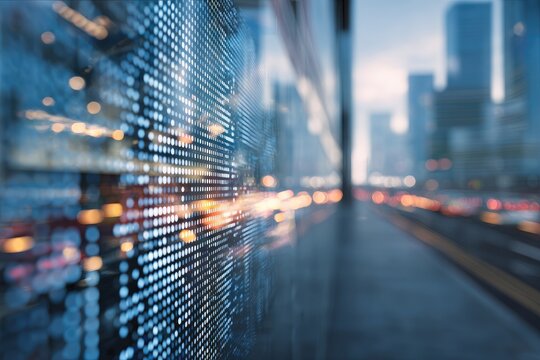 Reflective urban scene featuring a blurry display in the foreground, city lights blurred background