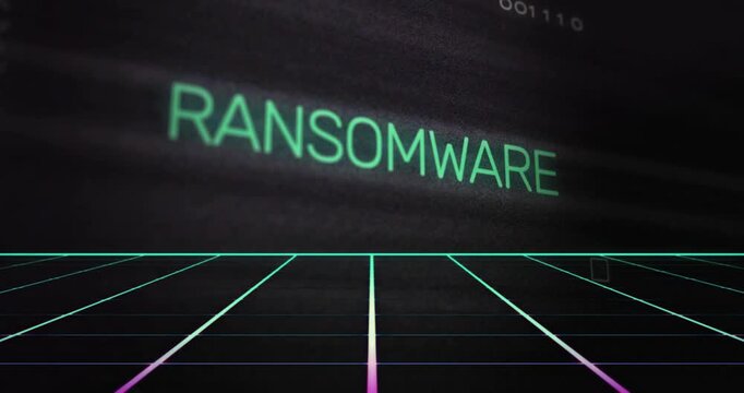 Glitching partial RAA into full RANSOMWARE text, pulsing scanning lines and circuits over neon grid