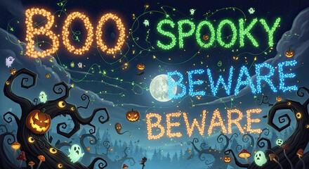 Festive Halloween decorations with spooky messages like Boo and Beware in vibrant colors against a night sky. Colorful Halloween theme features pumpkins, ghosts,