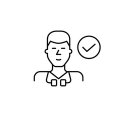 Certified medical professional. Young male doctor with stethoscope and checkmark. Pixel perfect, editable stroke vector icon