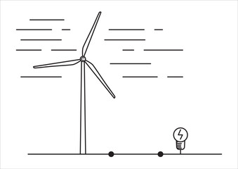 line art wind turbines generate electricity to power light bulbs