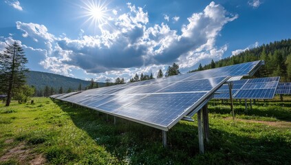 Expansive Solar Panel Array in Nature Under Sunny Skies with Greenery and Mountains