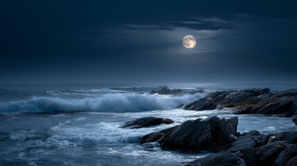 Ocean waves crash on a rugged, dark, rocky shore, in full moon night