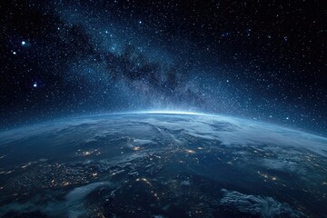Vast cosmic view showing Earth's curvature with city lights beneath and the Milky Way above