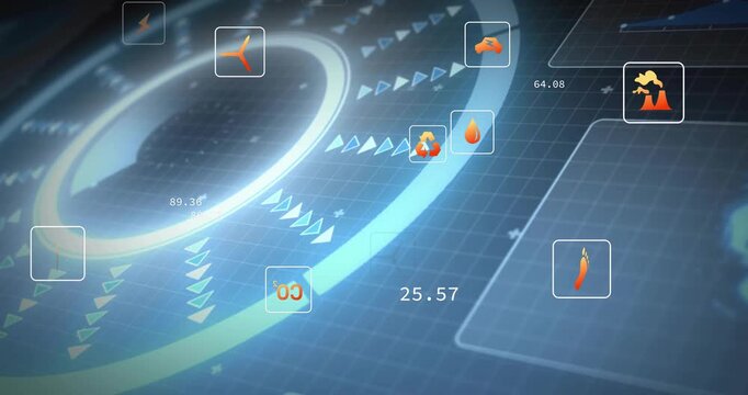 On glowing ring appearing, HUD animating icons in flat design and updating data for energy flow