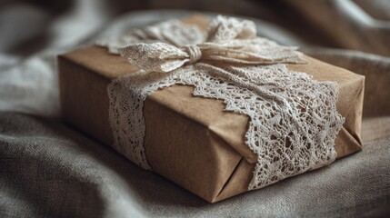 A beautifully wrapped gift with lace ribbon rests on a textured fabric, exuding a warm, rustic charm.