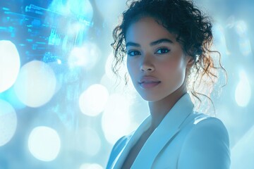 A confident woman in a white blazer against a futuristic blue background with digital data and bokeh, representing innovation and technology.