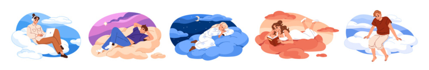 People are lying on clouds set. Happy men and women dream and relax in the sky. Calm characters fly, sleep, have a rest and reading in the air. Flat isolated vector illustrations on white background © Paper Trident