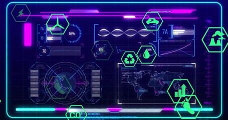 Opening second starting CO2 rising as neon icons shifting, visualizing environmental metrics - Powered by Adobe
