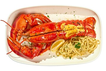 Gourmet Baked Lobster with Butter Sauce and Spaghetti, Isolated on a White Platter
