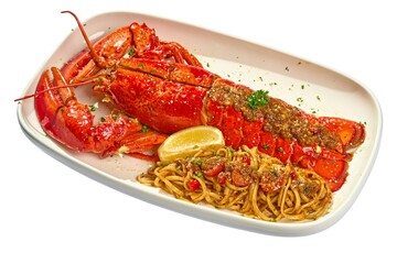 Whole Grilled Lobster with Butter Sauce and Spaghetti with Meat Sauce, Served on a White Platter