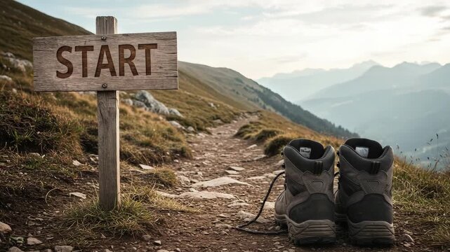 Journey begins at start sign with hiking boots, a captivating view of a mountain path.