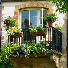 Naklejka premium A charming balcony overflowing with colorful flowers
