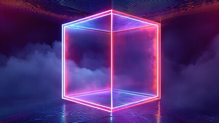 A glowing neon cube floats in a smoky, dark room with light reflecting from the floor