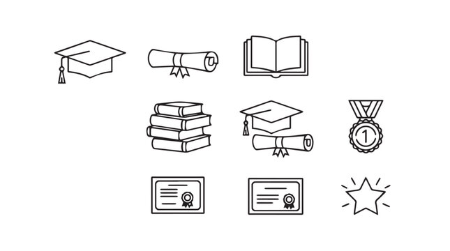 Set of education icons featuring graduation caps books diplomas medals and stars hand drawn style vector