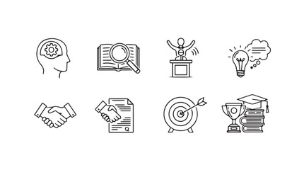Business success strategy icons set for innovation growth achievement and goals vector
