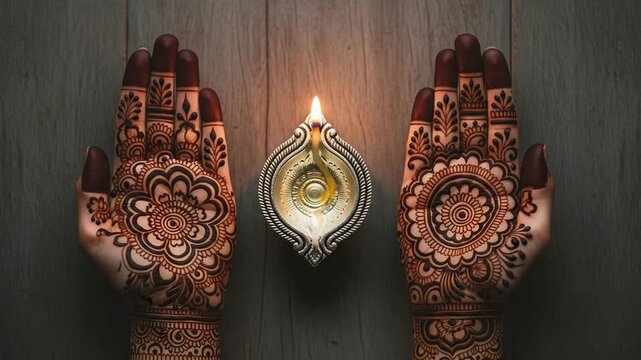 Intricate henna designs on hands, flickering diya lamp casting warm glow, celebrating traditional Indian festivals like Diwali and Karva Chauth