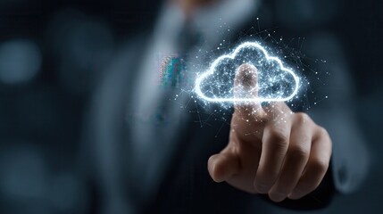 hand pushing button on a touch screen interface.