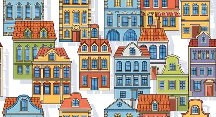 Fototapeta premium Colorful European Townhouses Seamless Pattern.
