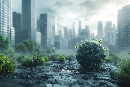 A surreal representation of a virus amidst a deserted city landscape in the early morning light - Powered by Adobe