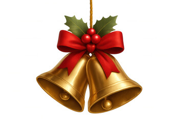 Golden jingle bells hanging with a red ribbon and holly, symbolizing christmas tradition, celebration, and winter holidays