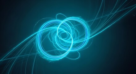 Fototapeta premium Glowing blue energy rings intertwined with light trails on a dark teal background, abstract concept