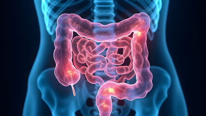 Damaged intestines x-ray with adhesion formation