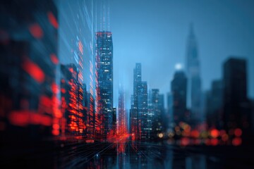 Digitally rendered cityscape at twilight, featuring tall buildings and glowing lights