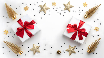 Two white gift boxes with red ribbons surrounded by golden stars, miniature Christmas trees, and black confetti on a white background, creating a festive holiday frame.