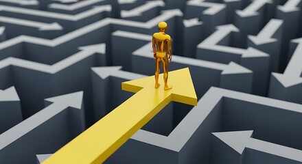Golden figure standing on a yellow arrow, navigating a complex maze with many paths and dead ends, symbolizing success and strategy