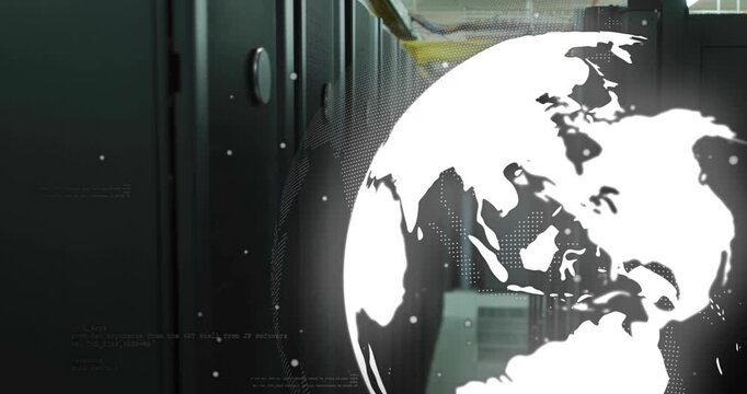 Entering frame globe driving racks receding and it rotating over dots visualizing connectivity