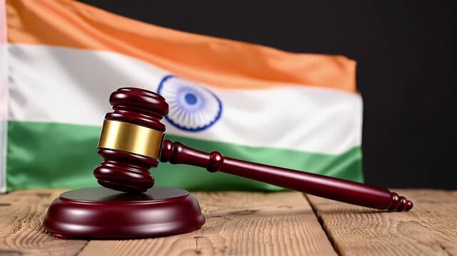 Wooden Gavel on Stand with Indian Flag Backdrop on Wooden Table