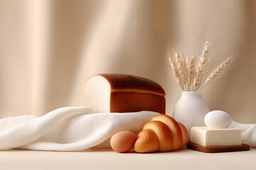 Fresh bread loaf with eggs and butter on soft fabric backdrop for bakery template