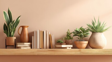 Cozy home decor shelf with plants books and vases against a warm wall