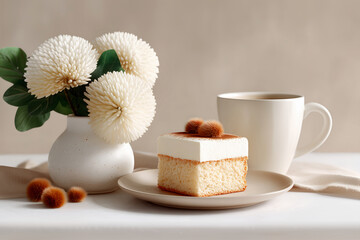 Cake slice with cream topping and coffee beside white flowers for cozy dessert scene