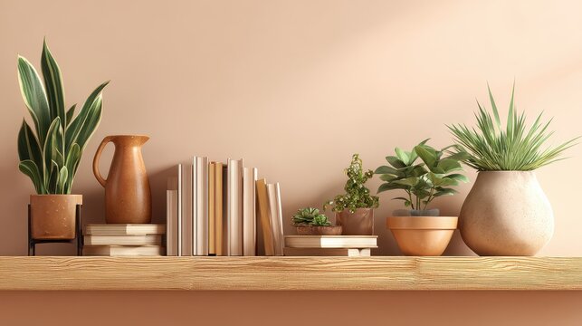Cozy home decor shelf with plants books and vases against a warm wall - Powered by Adobe