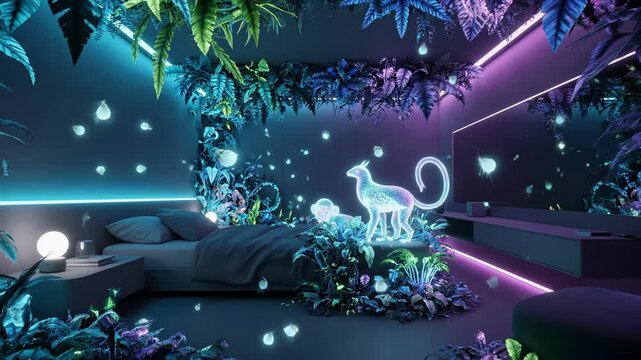 Enchanting neon jungle transforms bedroom with glowing animals and lush foliage