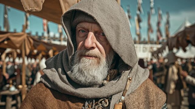 Elderly medieval man in hooded robe standing at marketplace with tents background showing historical culture portrait tradition lifestyle community vintage reenactment heritage people retro scene