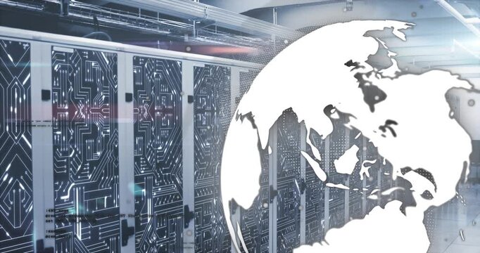3D white globe entering from right and rotating over server racks, showing regions for data view