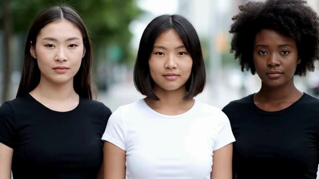 Diverse young women standing together looking forward with confidence and hope for the future, celebrating multiculturalism and empowerment