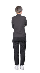 Rear view full length portrait of doubtful young woman keeps hands folded, has to make a choice or to decide. Business female isolated on transparent background