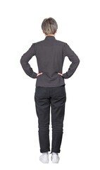 Rear view full length portrait of determined young woman keeps hands on hips, has to make a choice or to decide. Business female isolated on transparent background