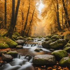 Vibrant golden autumn forest landscape with rocky stream and yellow trees