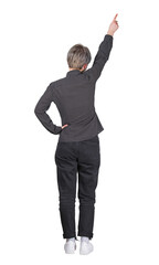 Rear view full length portrait young woman pointing finger up, hand raised showing or celebrating. Business female isolated on transparent background