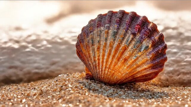Close up of a scallop shell on sand with natural sunlight