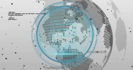 Rotating 3D globe initiating Cybersecurity text fading ring pulsing icons morphing showing security - Powered by Adobe