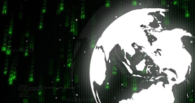 On launch 3D globe rotating left while green code rain falling conveying global data network